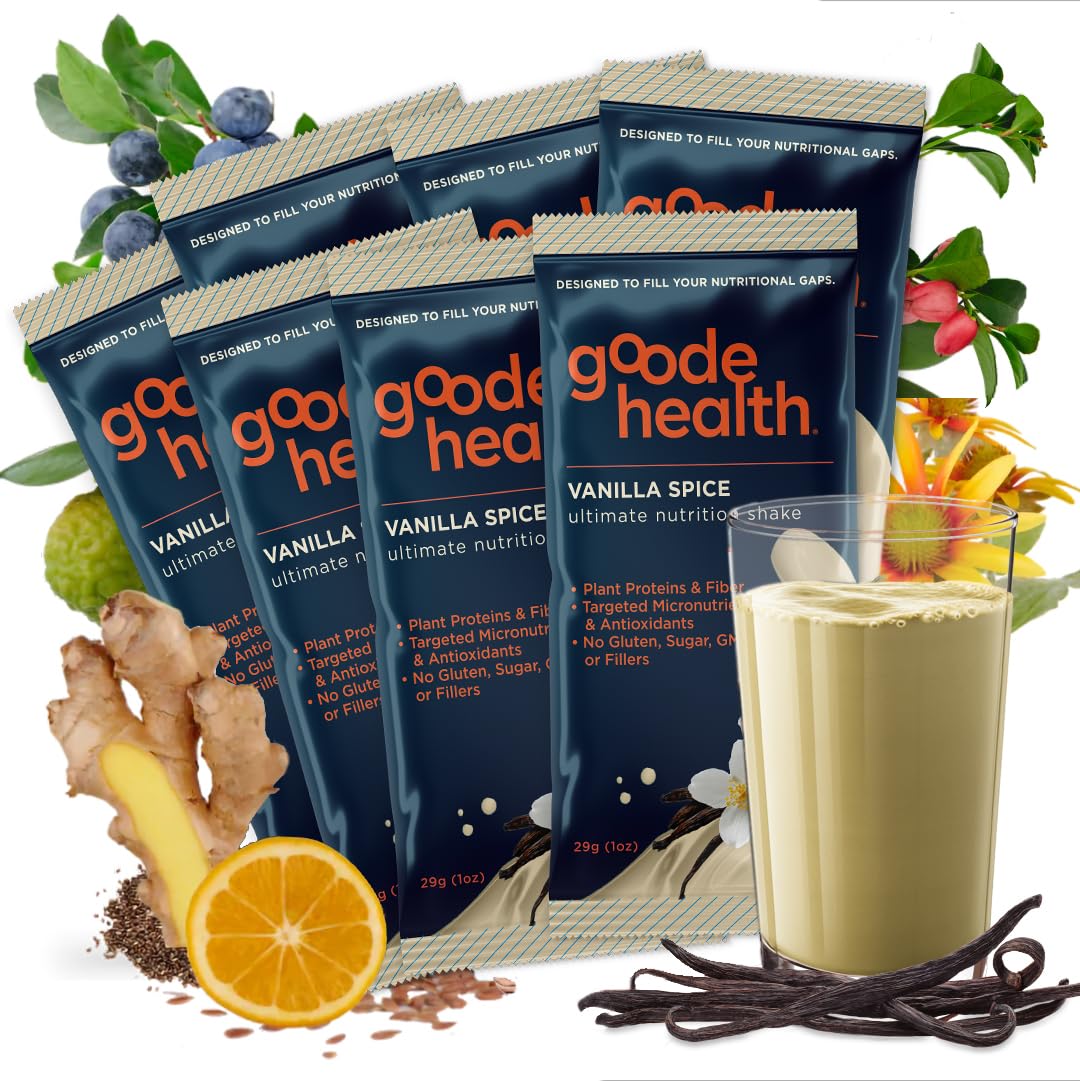 Goode health Vanilla Spice protein shake packets with a glass of shake and ingredients on a white background