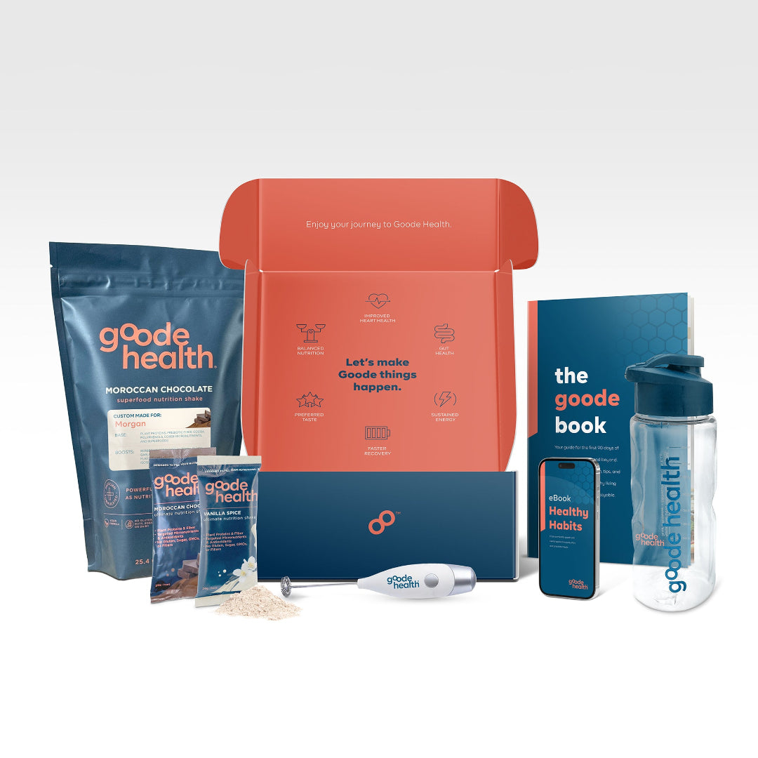 goode health, wellness kit, superfood, bottle, mixer