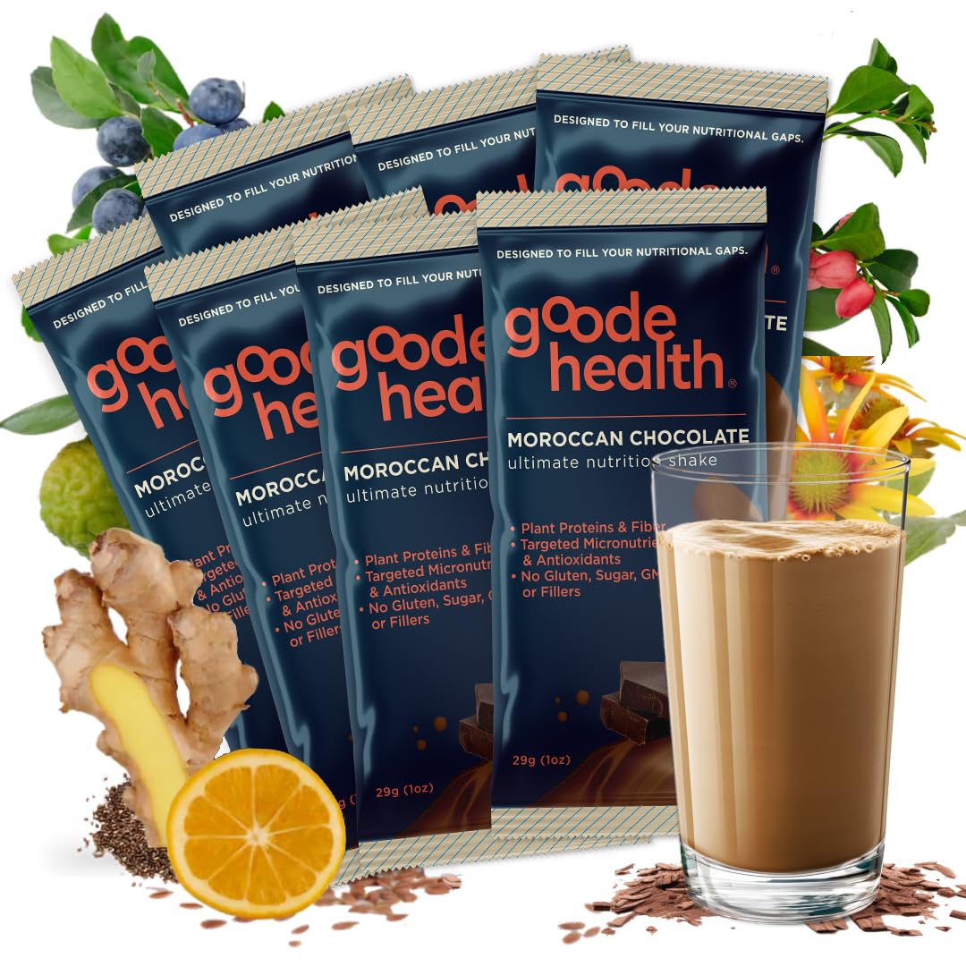Goode health Moroccan Chocolate shake packages with a glass of shake and ingredients on a white background
