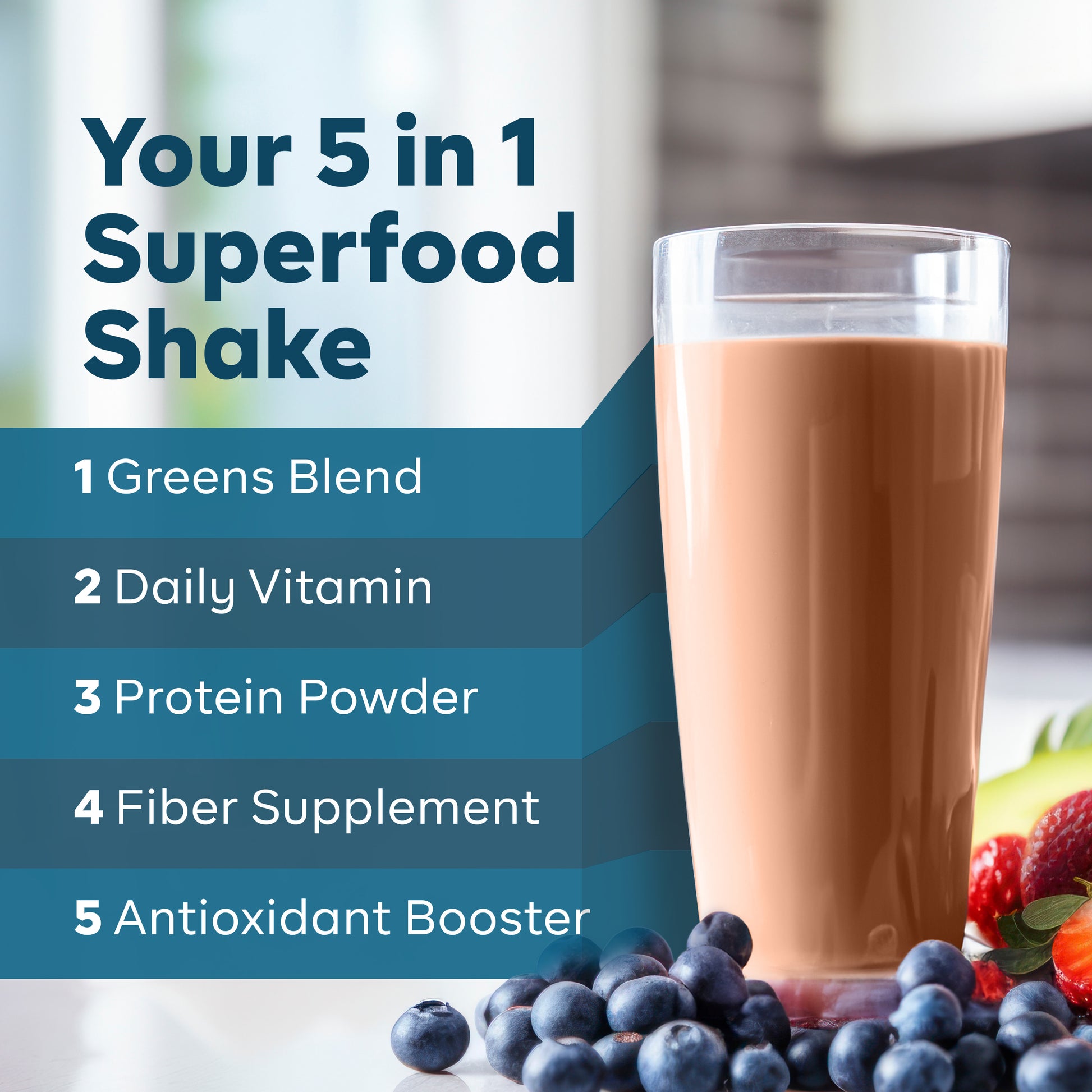 Graphic of Goode health 5 in 1, superfood with shake pictured