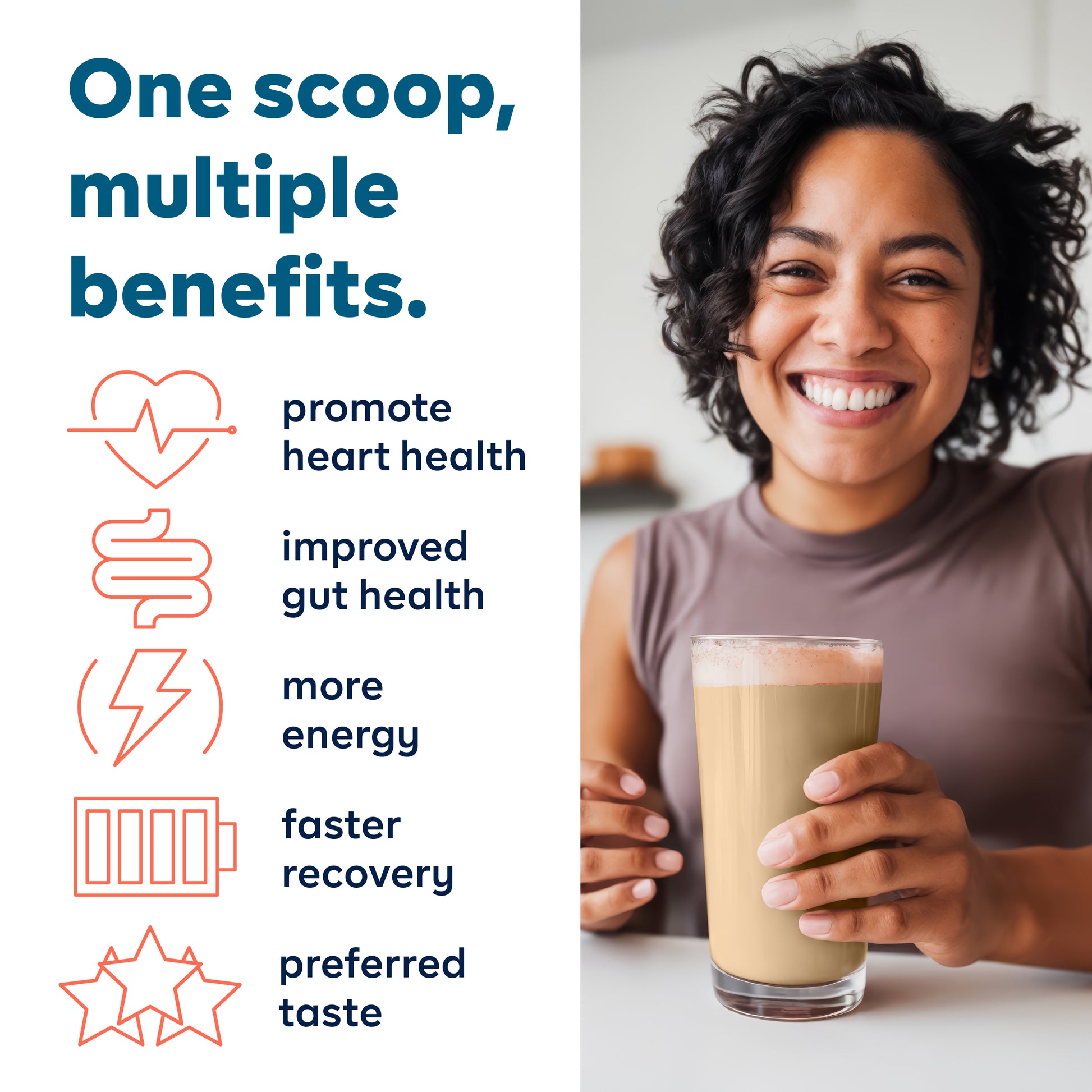 Graphic of Goode health benefits, woman smiling with shake