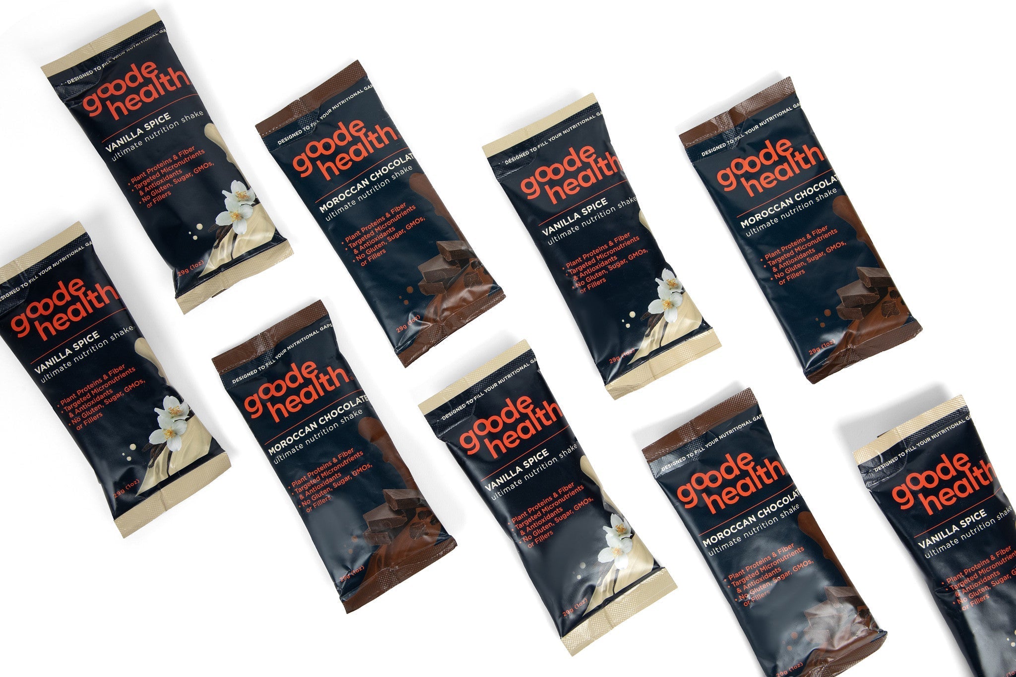 Variety of Goode Health sachet packs in single-serve, chocolate and vanilla
