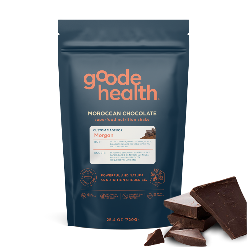 Goode Health Moroccan Chocolate packaging with dark chocolate on the bottom right of the package