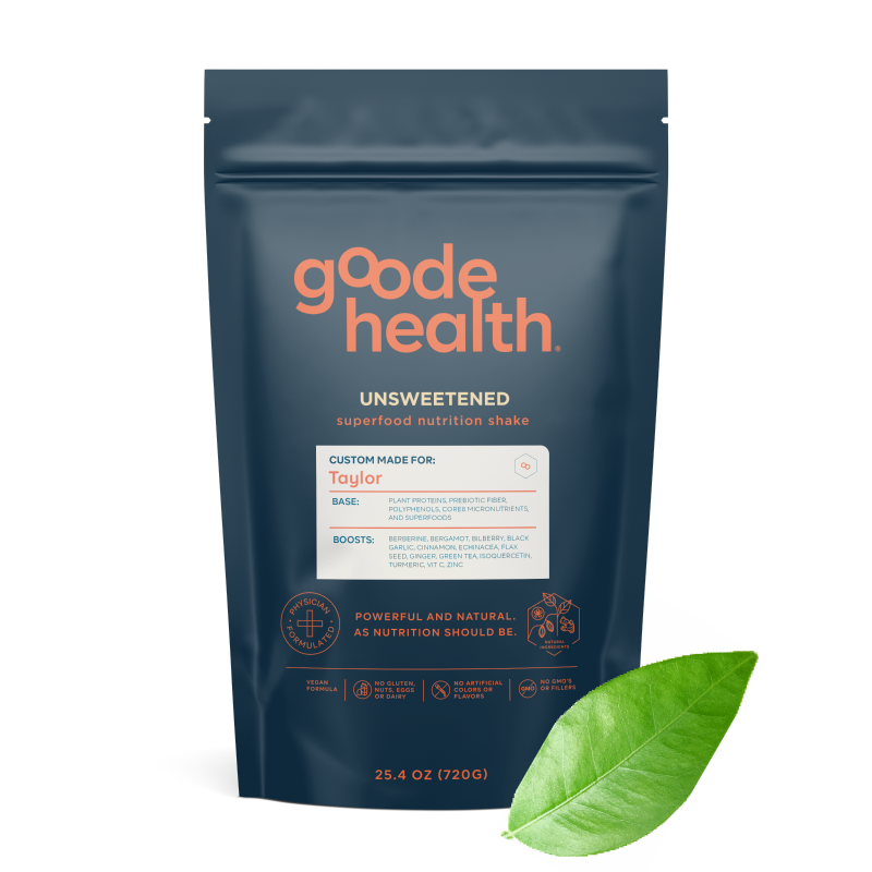 Goode Health Unsweetened Blend packaging with personalized customer name on the package green leaf at the bottom right