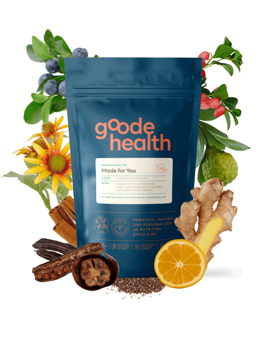 Goode Health wellness blend product with ingredients placed around it