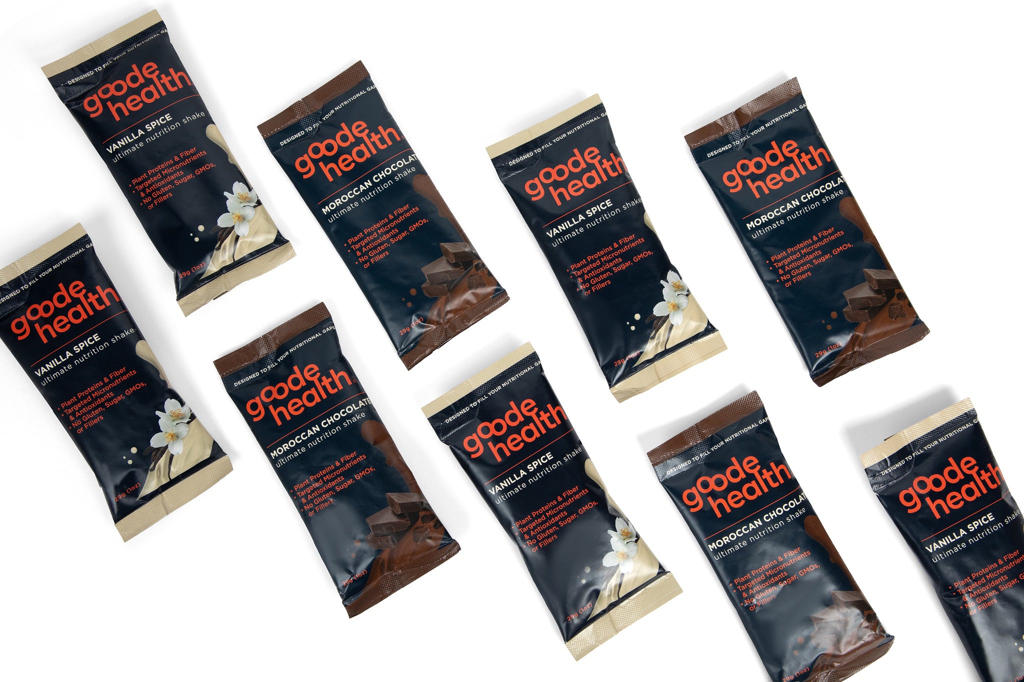 goode health on the go packs, sachets, single serve, moroccan chocolate and vanilla spice, white background