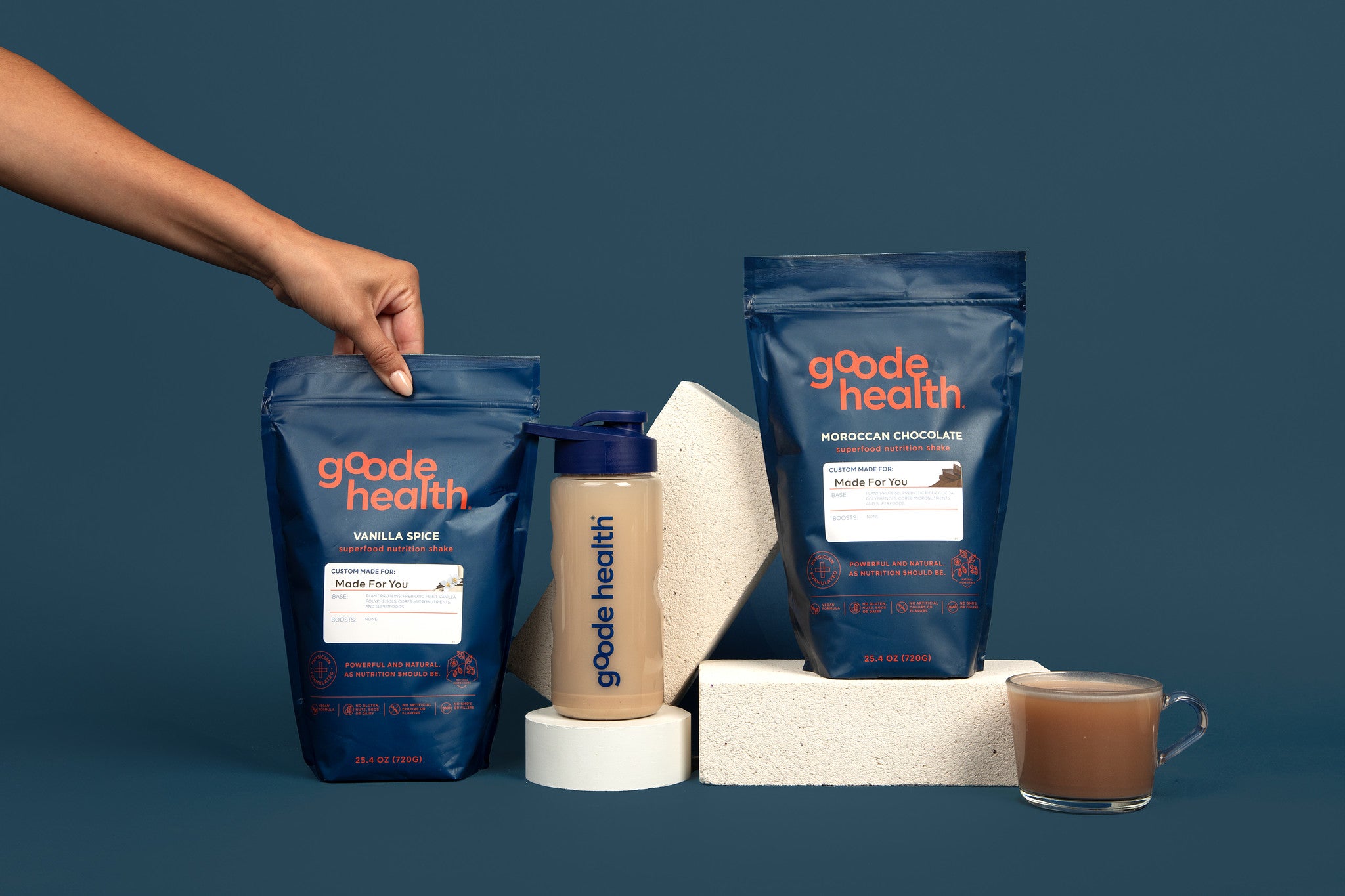 Goode health superfood nutrition shake display, shaker, mug with shake