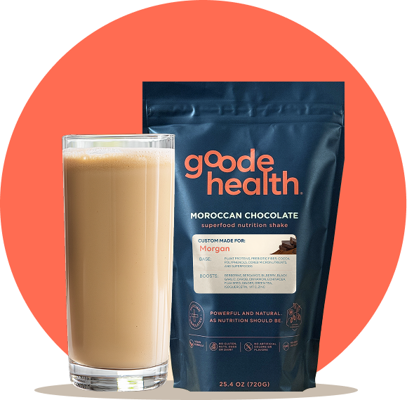 Image of Goode health Moroccan chocolate shake next to the bag with colorful circle around it