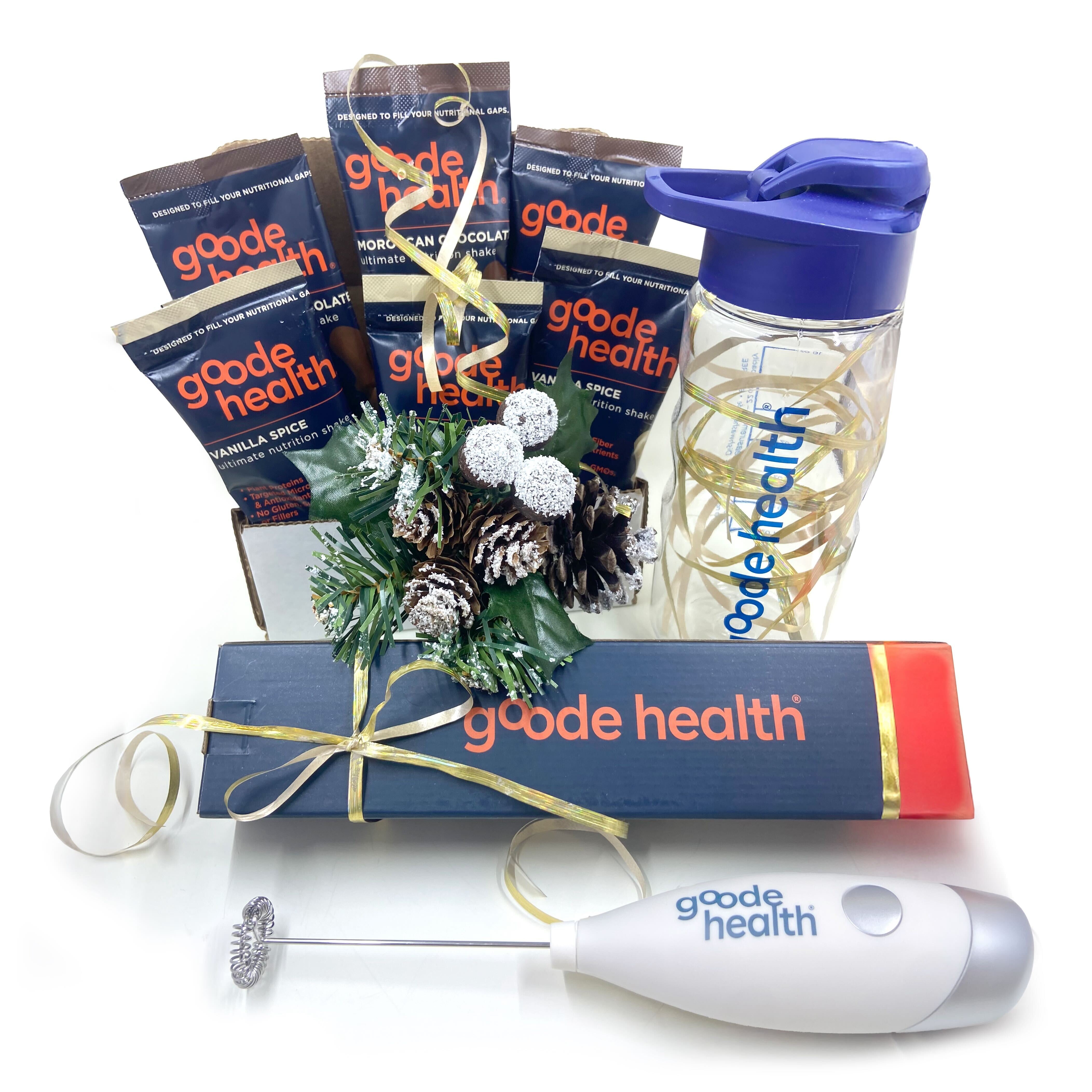 goode health on the go kit, bottle, mixer, on the go sachet packs, vanilla spice, moroccan chocolate, christmas
