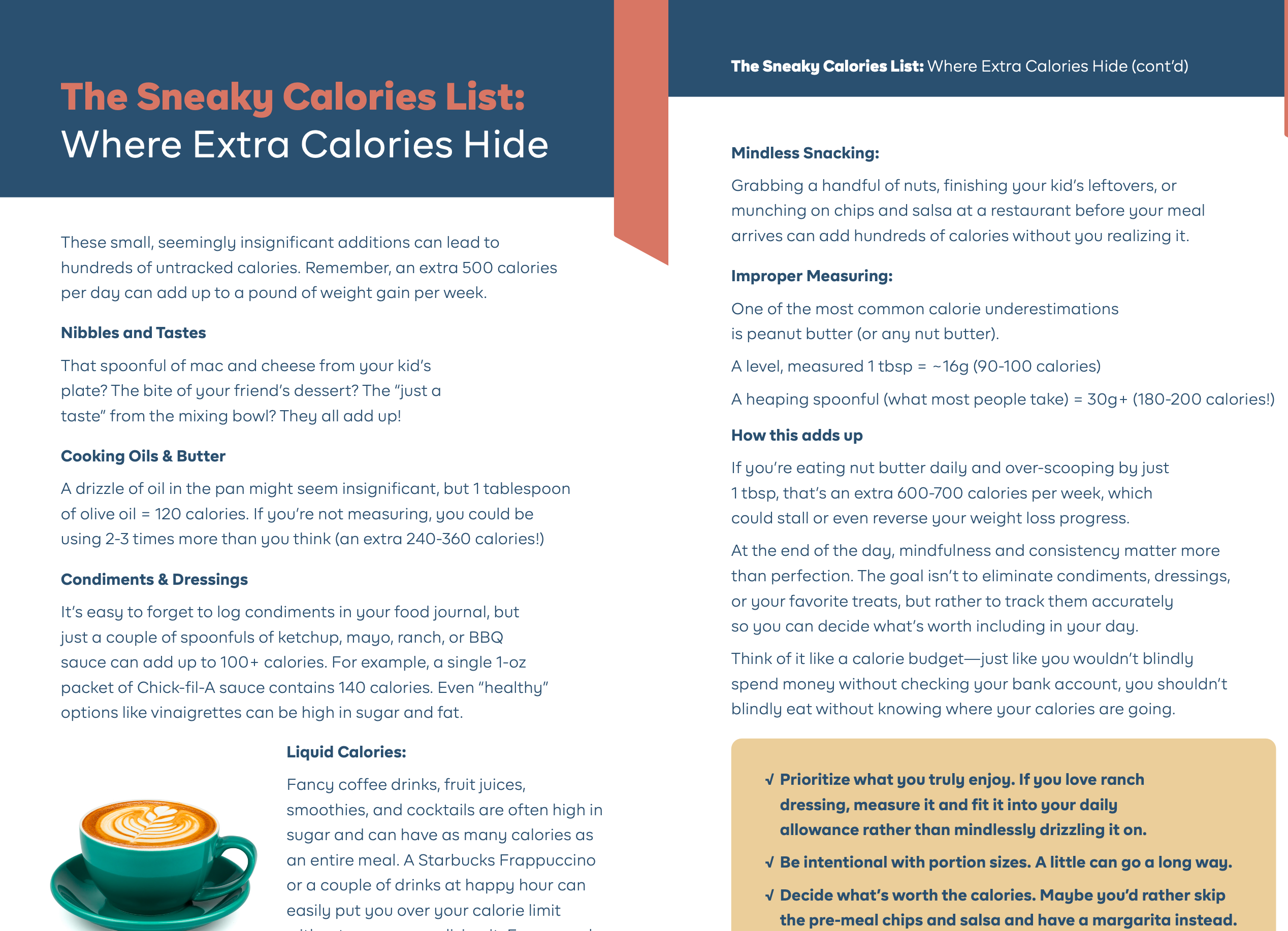 Sheet of paper with text titled 'The Sneaky Calories List' on a blue background.