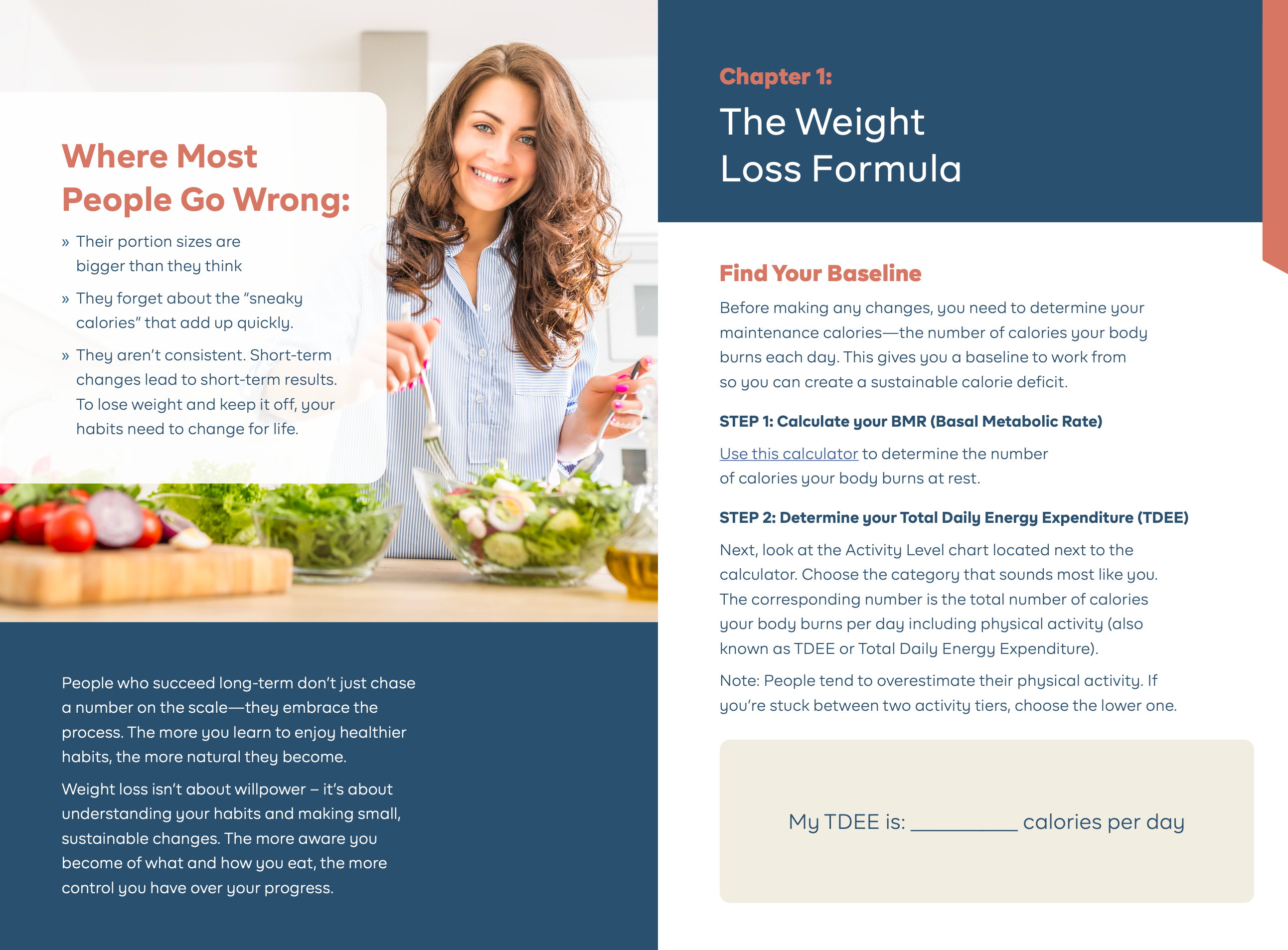Weight loss guide with a woman in a kitchen and text on weight loss formula