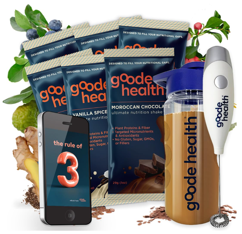 Goode Health products including protein powder sachets, a shaker bottle, and a smartphone with an digital guide app displayed.