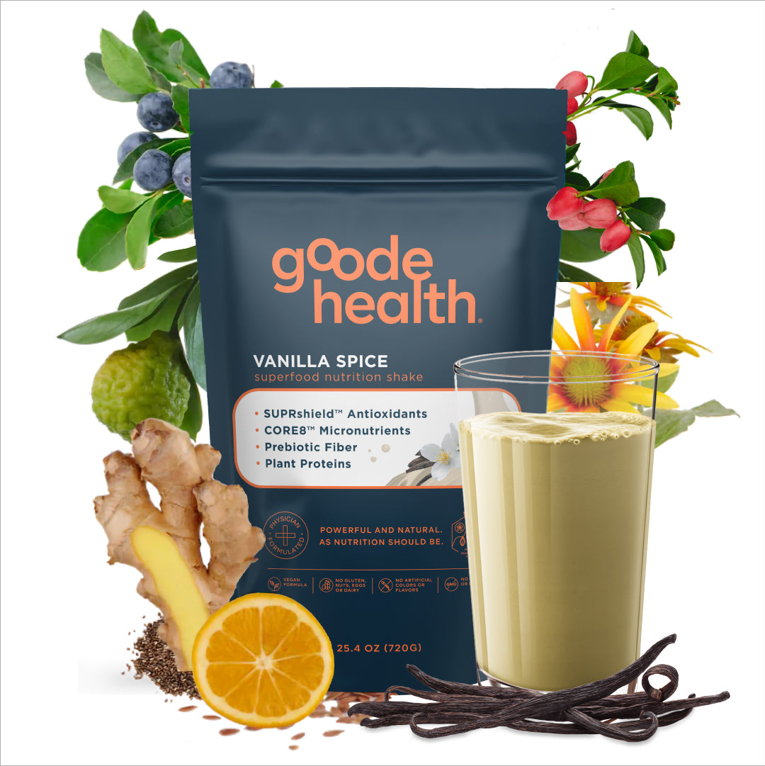 Image of Goode health vanilla spice 25.4 oz with pictures of ingredients and an actual shake