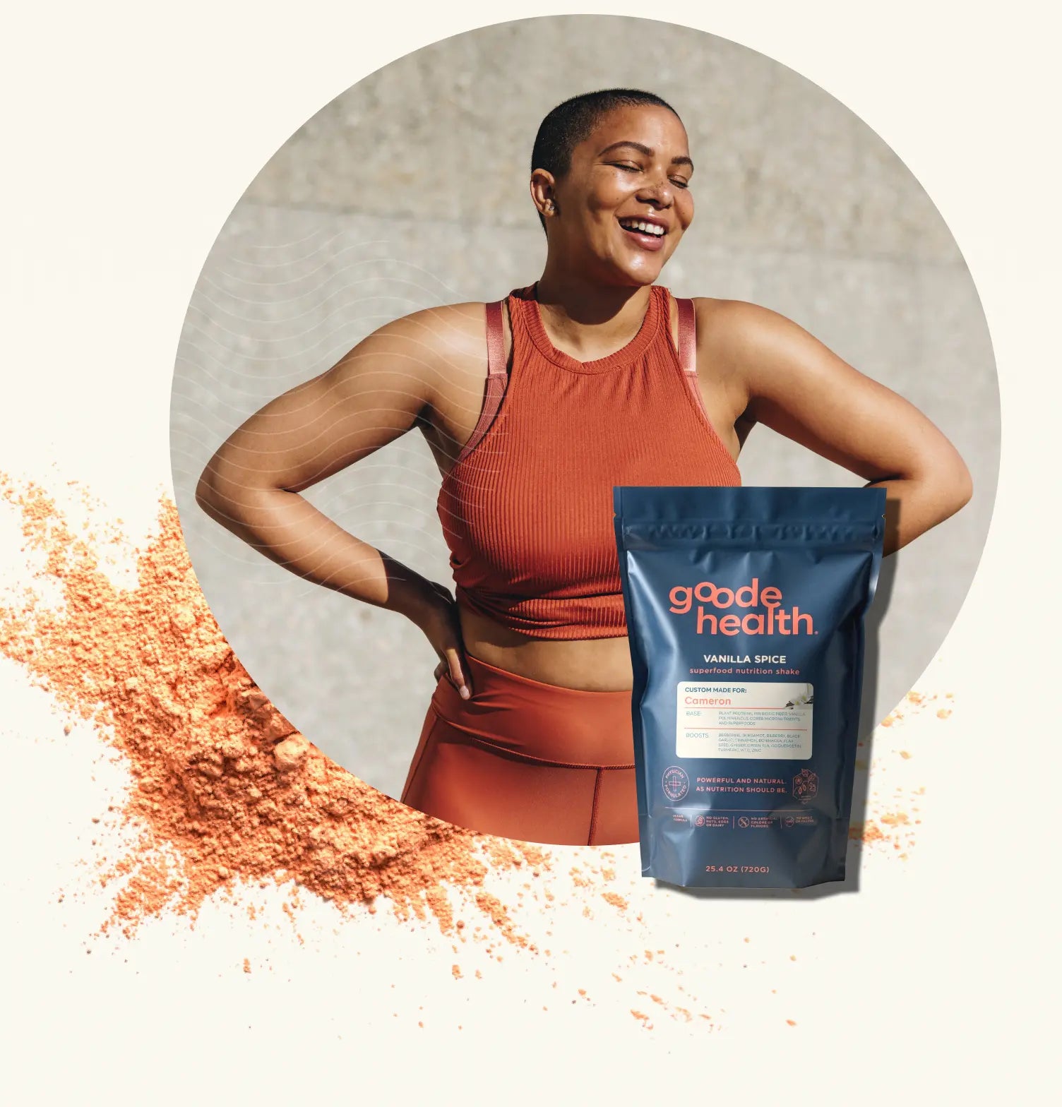 Woman holding Goode Health product with protein powder