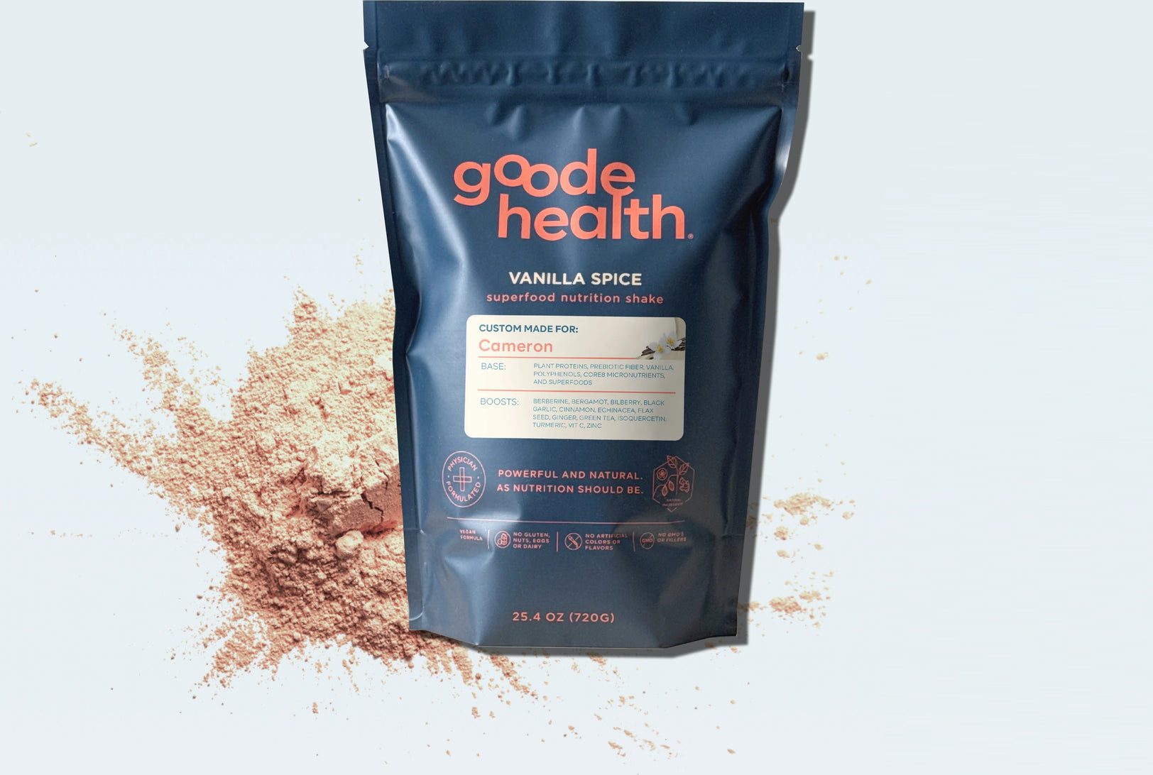 Woman holding Goode Health product with protein powder