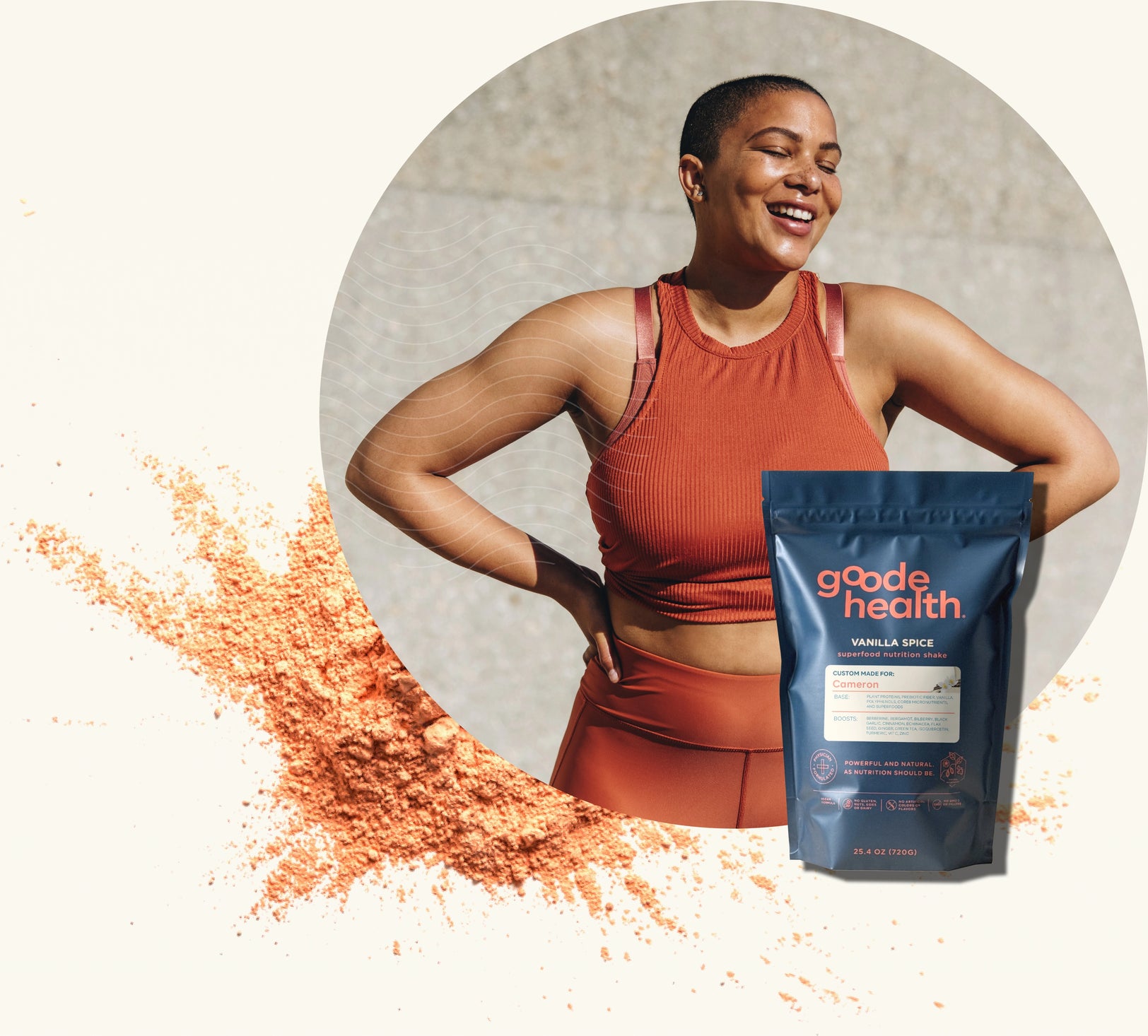 Woman holding Goode Health product with protein powder