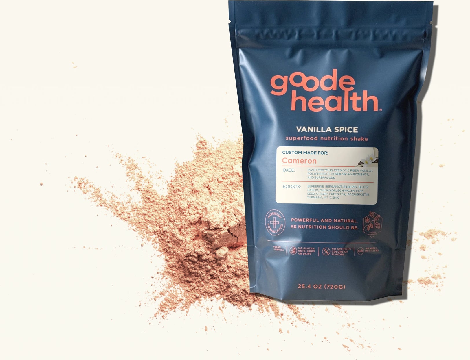 Woman holding Goode Health product with protein powder