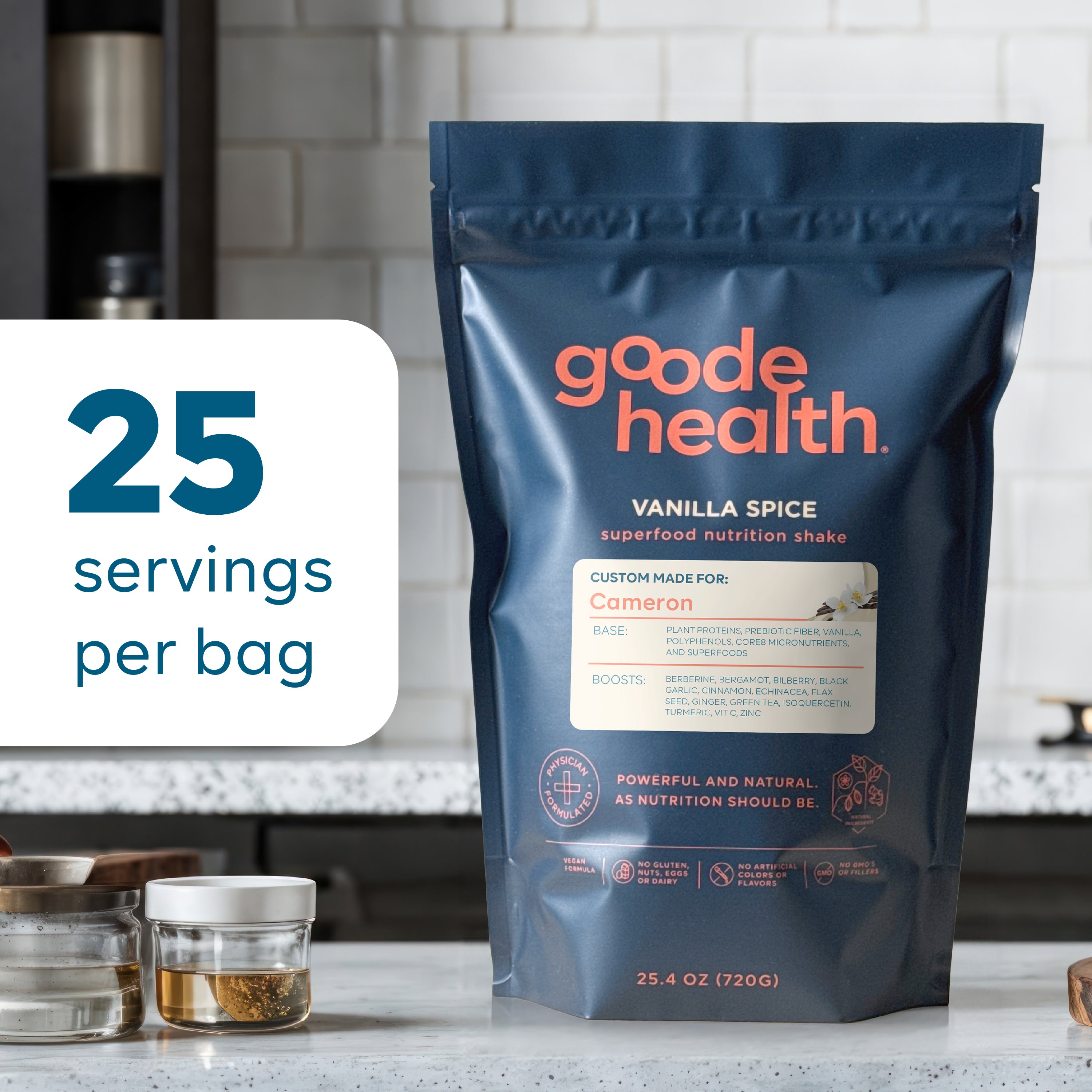 Graphic of Goode health servings per bag with product on kitchen counter